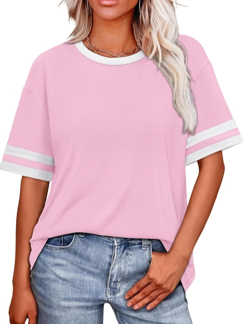 WIHOLL Light Pink Color Block Short Sleeve Tee - Size XL (EUC) - Picture 2 of 10